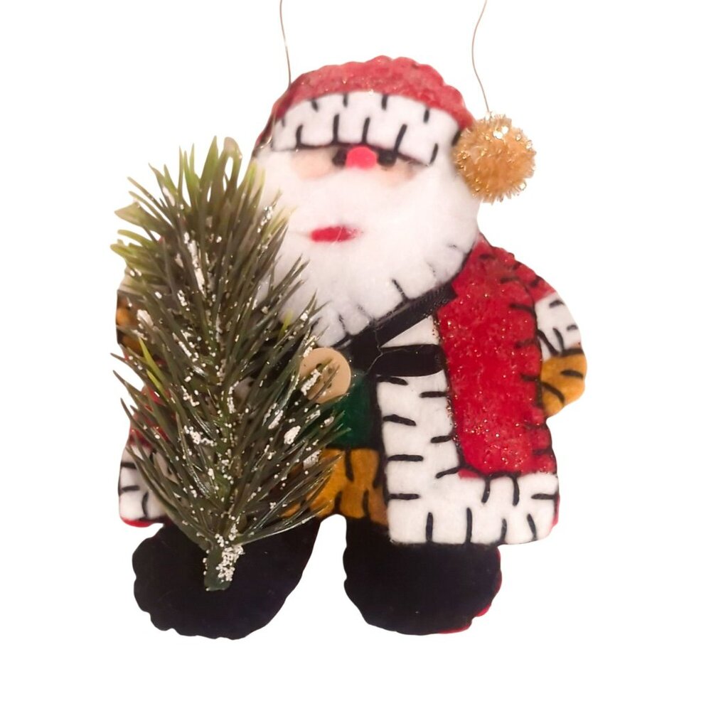 Vintage Handmade Santa Claus Felt Ornament With Christmas Tree